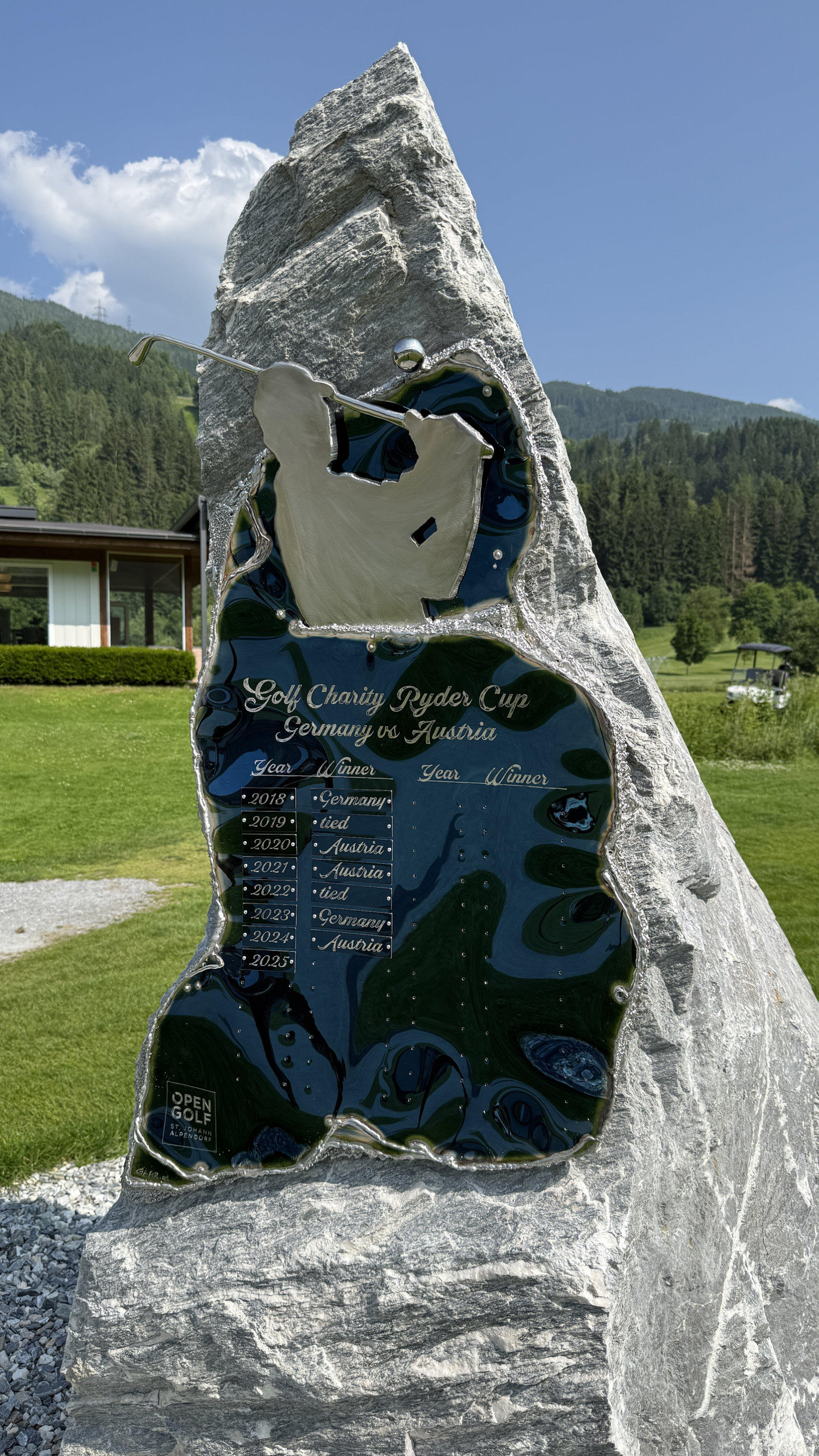 Sculpture, "Golf Charity Rider Cup Trophy" of Blue Stainless Steel